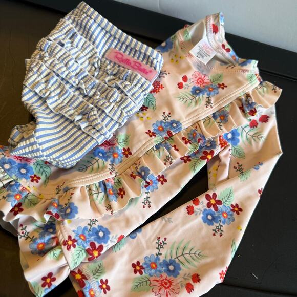 Ruffle Butts Girls 3T Floral Rash Guard Swimsuit Set with Striped Ruffle Bottoms - Picture 1 of 10